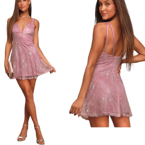 Lulus Fueled by Love Mauve Purple Lace Skater Dress Medium NWT - Picture 1 of 12